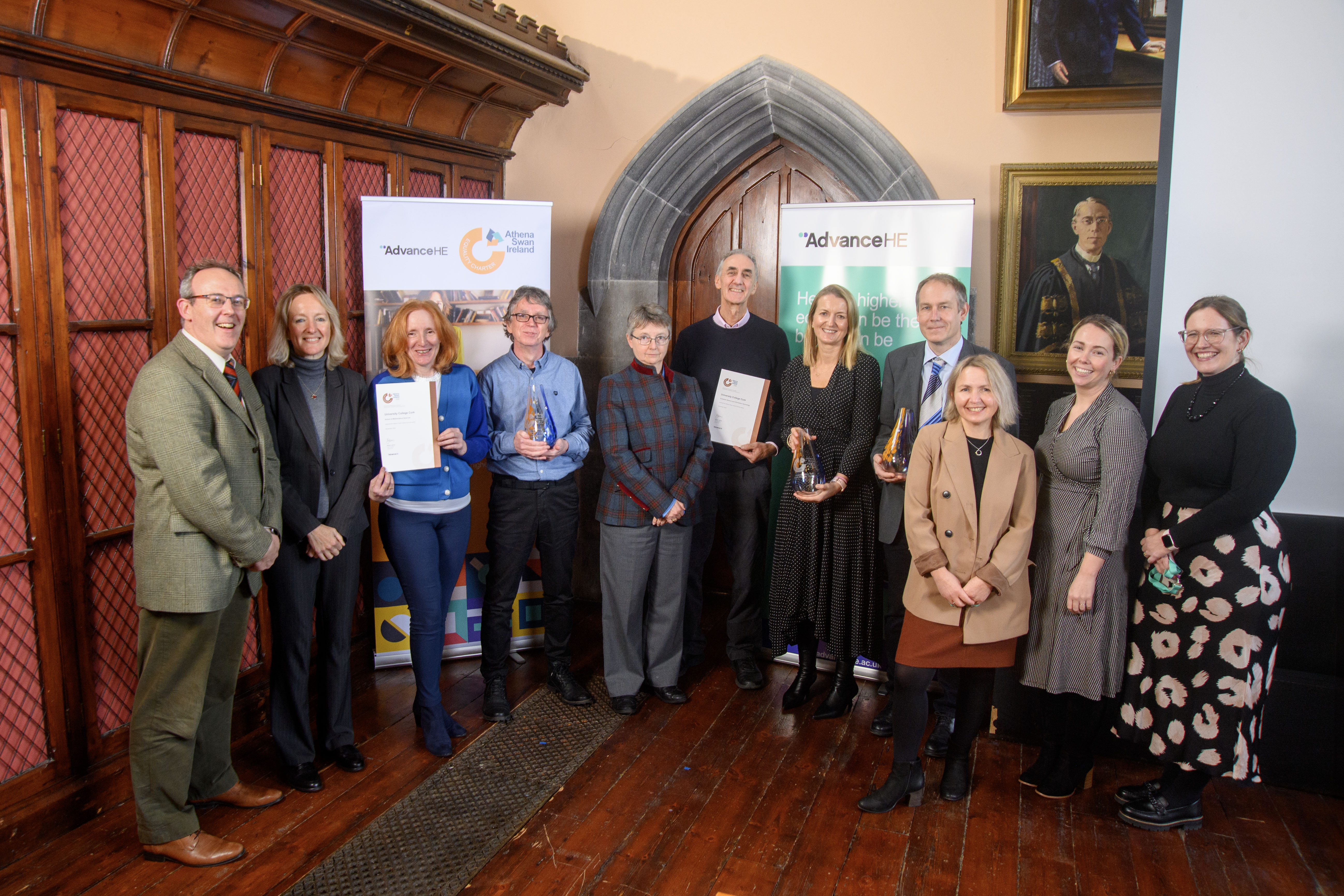 L-R: Professor Stephen Byrne (Deputy President & Registrar); Ms Clodagh McAllen, Ms Kathleen O’Sullivan, Dr Tony Fitzgerald (School of Mathematical Sciences); Professor Nicole Müller, Dr Ciara O’Toole (School of Clinical Therapies); Professor John Morrison, Professor Utz Roedig (School of Computer Science and Information Technology); Ms Katarzyna Pyrz (Equality Data Analyst), Ms Sarah Murtagh (Athena SWAN Project Officer), and Dr Claire Murray (Interim EDI Unit Director)