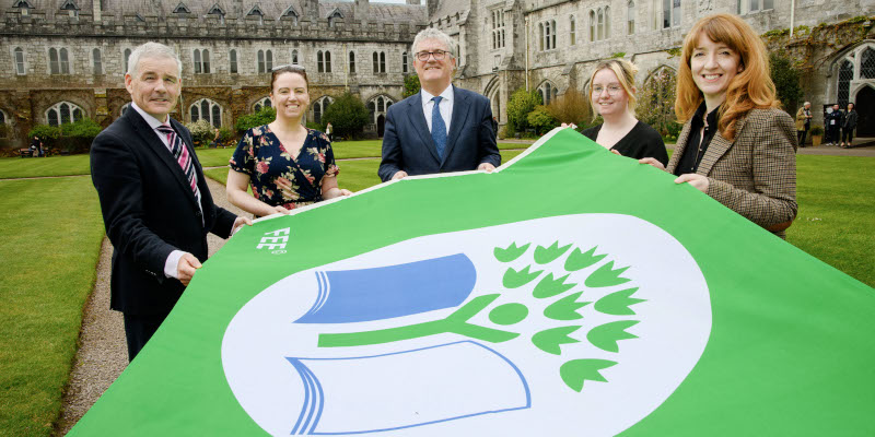 Celebrating the awarding of UCC's fifth Green Flag are Mark Poland, UCC Director of Buildings and Estates, Deirdre O'Carroll, An Taisce Green-Campus Manager, UCC President Prof. John O'Halloran, Dearbhla Richardson, UCCSU Environmental & Sustainability Officer, and Dr Maria Kirrane Head of Sustainability and Climate Action.