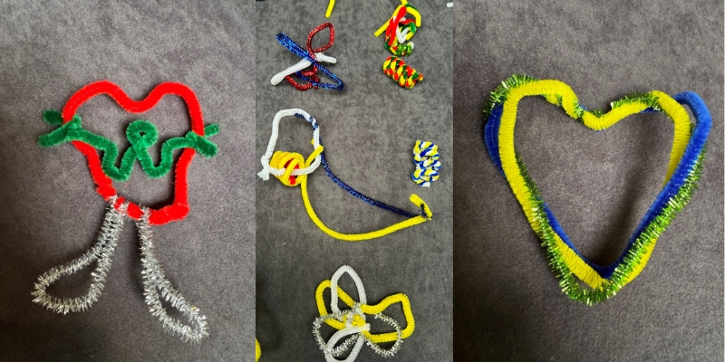 Coloured pipe cleaners twisted into different shapes across three grey panels