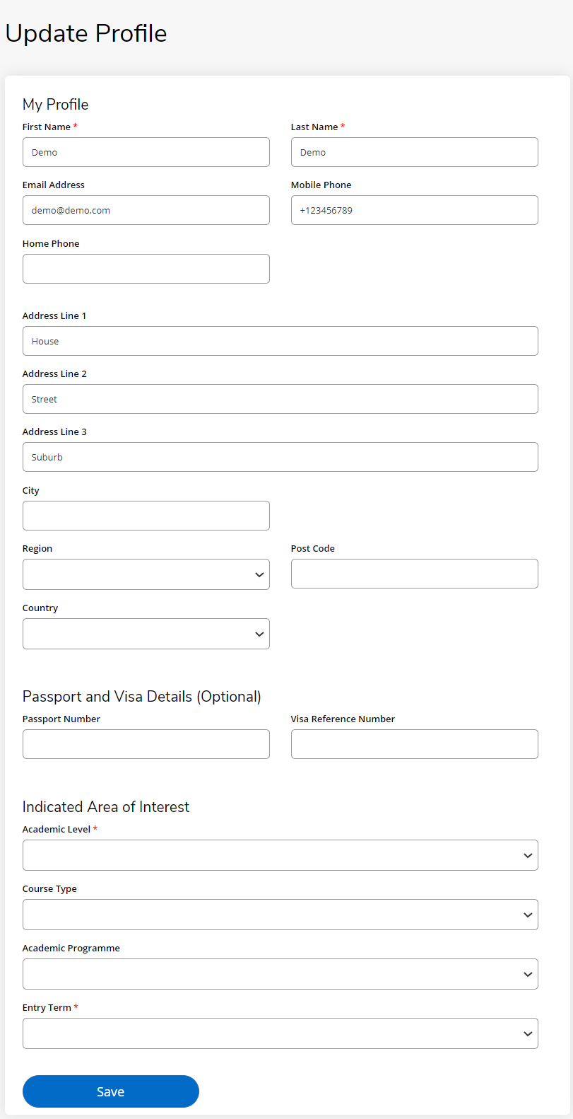 Form with fields that can be edited to include personal details such as name, email, cell number, address