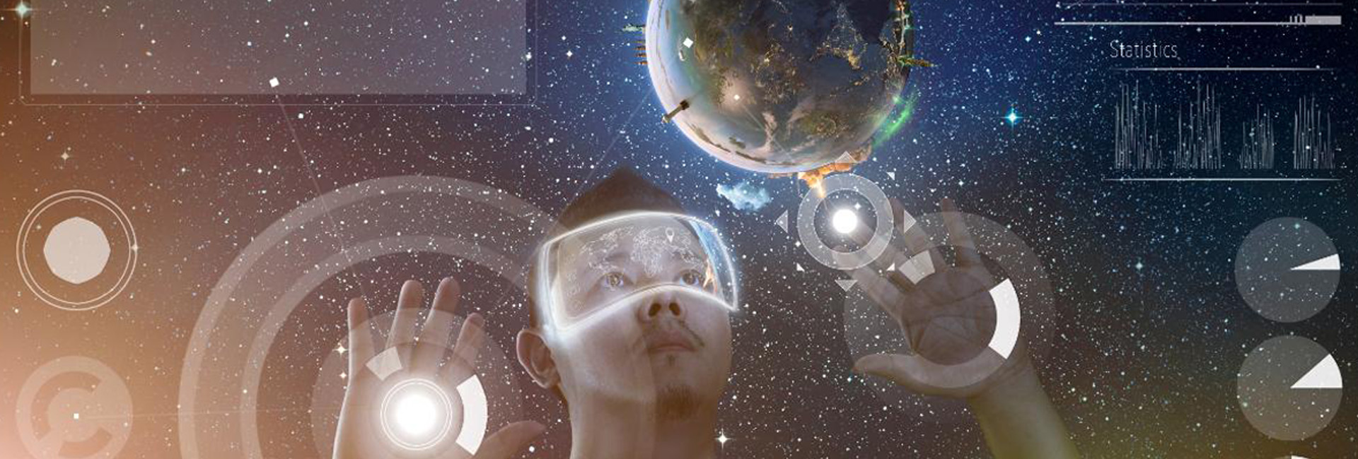 futuristic photo collage of a man looking through goggles to touch a planet with an overlay of lights and techy dials and status bars