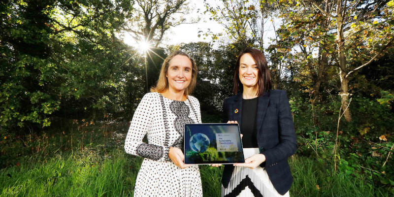 Anne Sheehan, General Manager, Microsoft Ireland and Dr. Marguerite Nyhan, Associate Professor in Future Sustainability & Environmental Engineering and ERI Academic, University College Cork are pictured at Microsoft Envision launching the insights of UCC Sustainable Futures report, commissioned by Microsoft Ireland, which reveals that Irish businesses are largely underprepared for a net zero transition. Photograph: Leon Farrell / Photocall Ireland