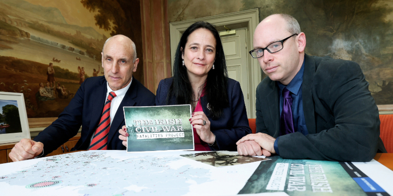 Minister for Tourism, Culture, Arts, Gaeltacht, Sport and Media, Catherine Martin TD is pictured with Dr Andy Bielenberg, Principal Investigator of the Irish Civil War Fatalities Project and Senior Lecturer at UCC School of History, and John Dorney, Research Assistant and Historian, at the launch of The Irish Civil War Fatalities Project. Image: Maxwell Photography 