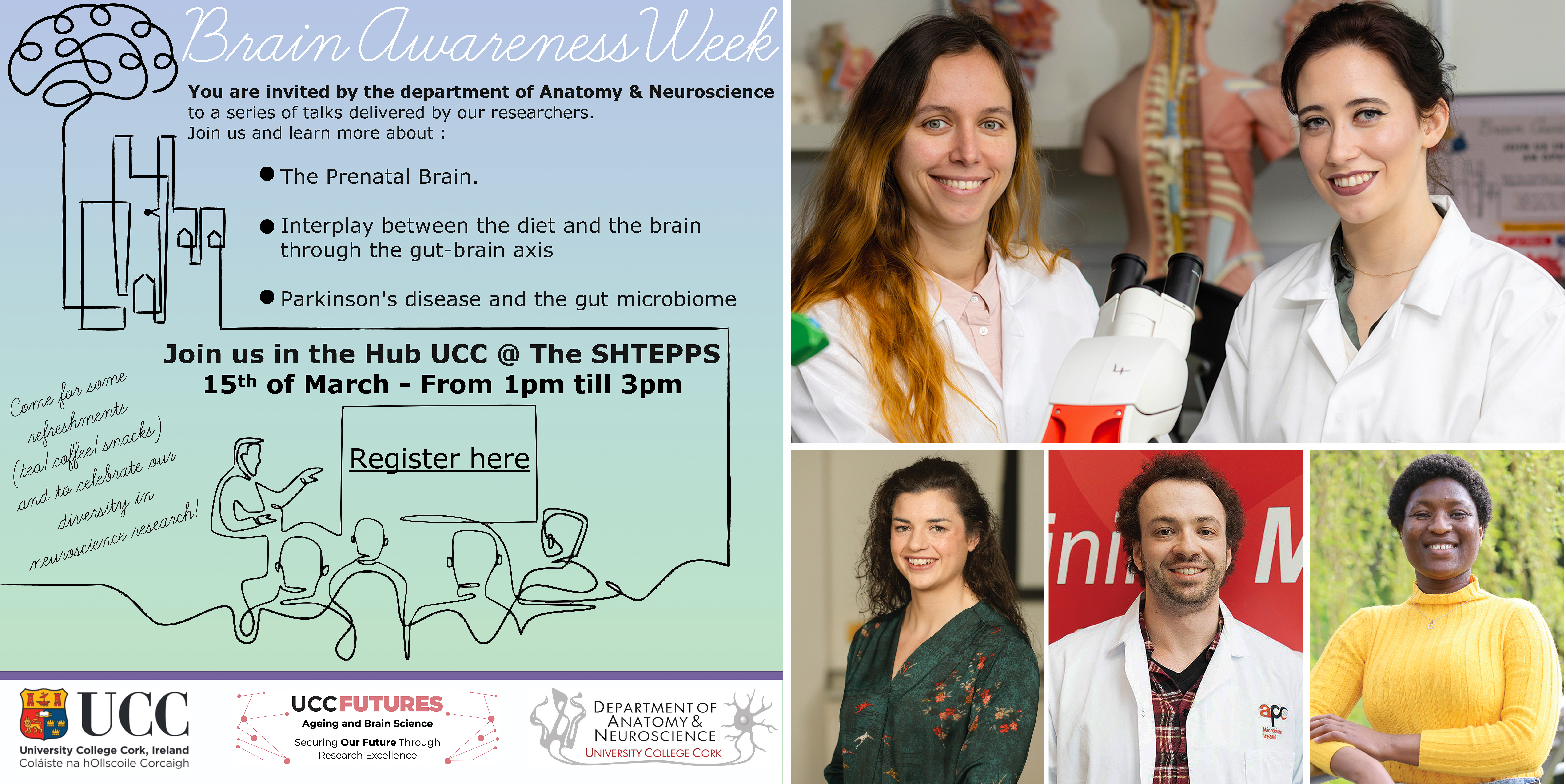 Brain Awareness Week 2024: Organisers Dr Sarah Nicolas and Ms Patricia Flynn. Speakers: Ms Aisling Noone, Mr Aimone Ferri and Ms Joan Omosefe Osayande   