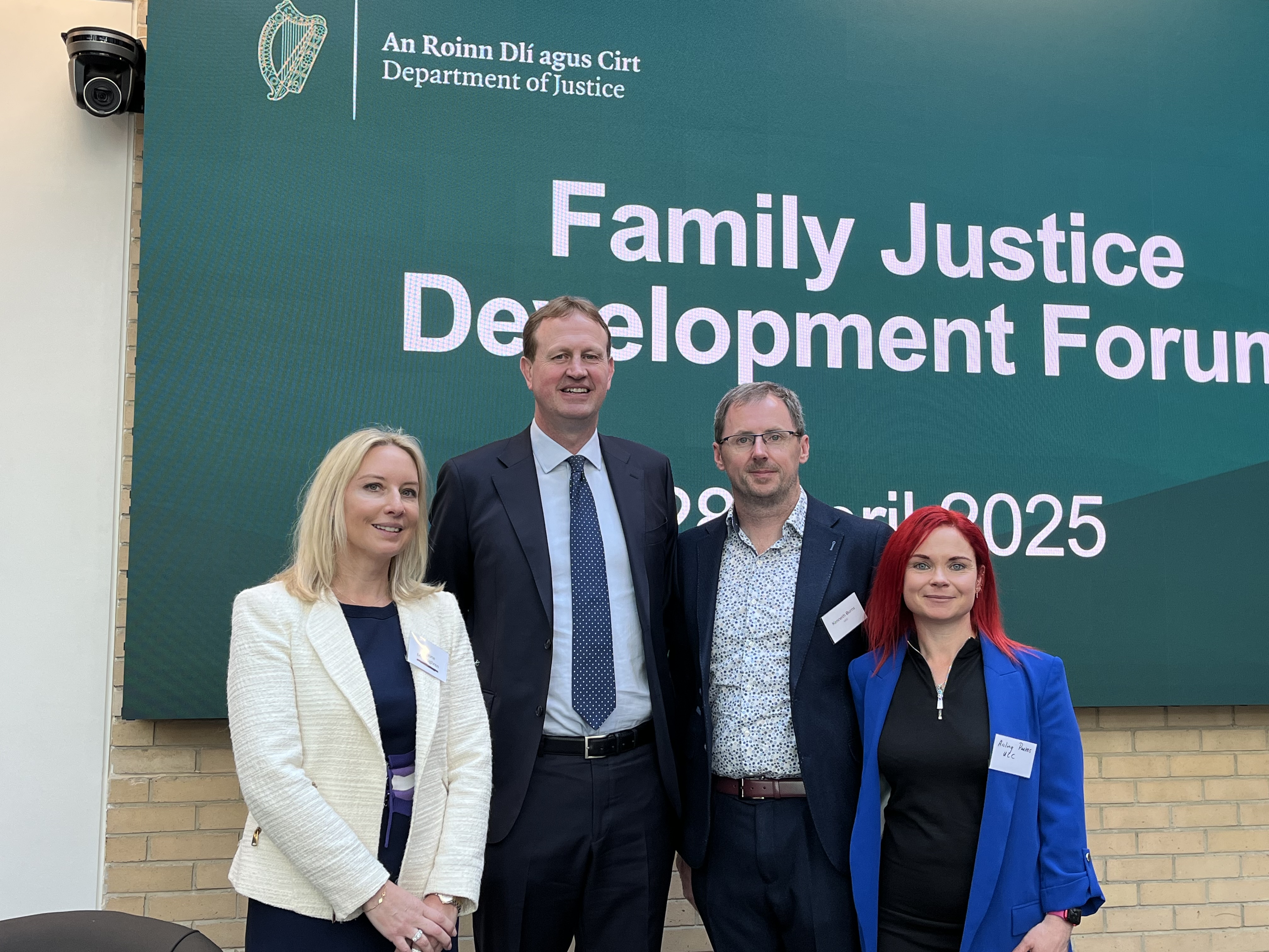 Dr. Simone McCaughren (TCD), Mr. Jim O'Callaghan, Minister for Justice, Dr. Kenneth Burns (UCC) and Dr. Aisling Parkes (UCC)