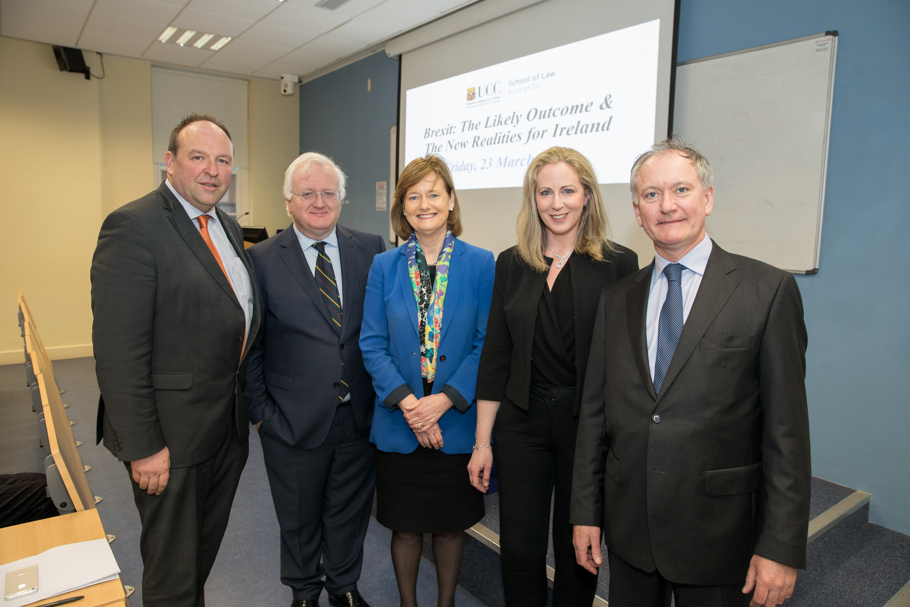 Declan Walsh stands along side Dr Vincent Power, Deirdre Clune MEP, Dr Mary C. Murphy, and Judge Anthony M Collins ahead of our Brexit Seminar 