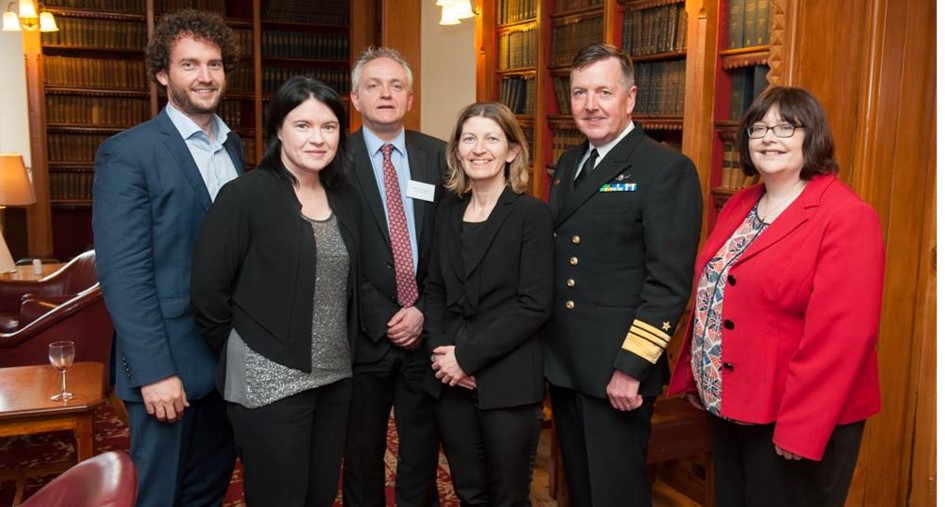 Dr Bjørn-Oliver Magsig, Dr Aine Ryall and Professor Owen McIntyre and joined by Professor Ursula Kilkelly and Vice Admiral Mark Mellet at the llaunch of the Centre for Law and the Environment