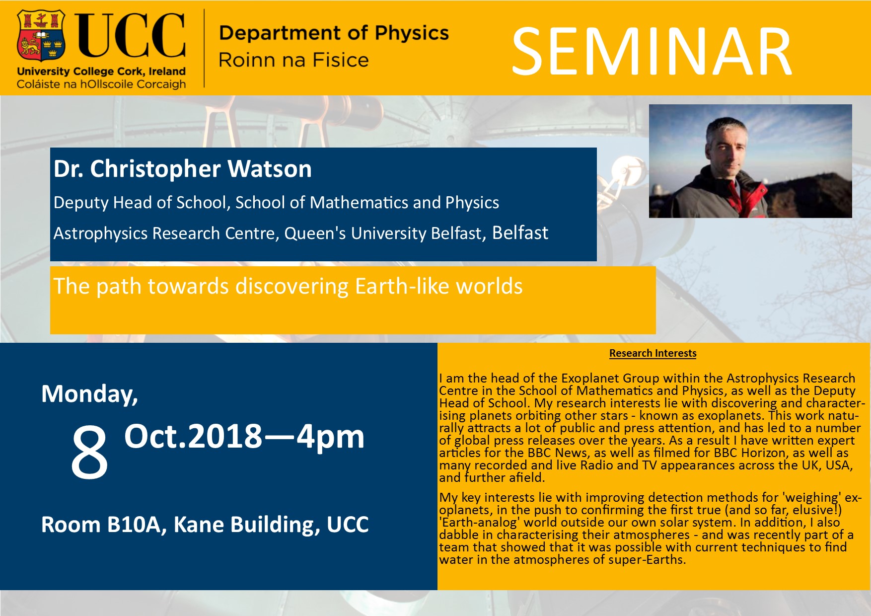 8 Oct 2018 Dr Christopher Watson Seminar Poster