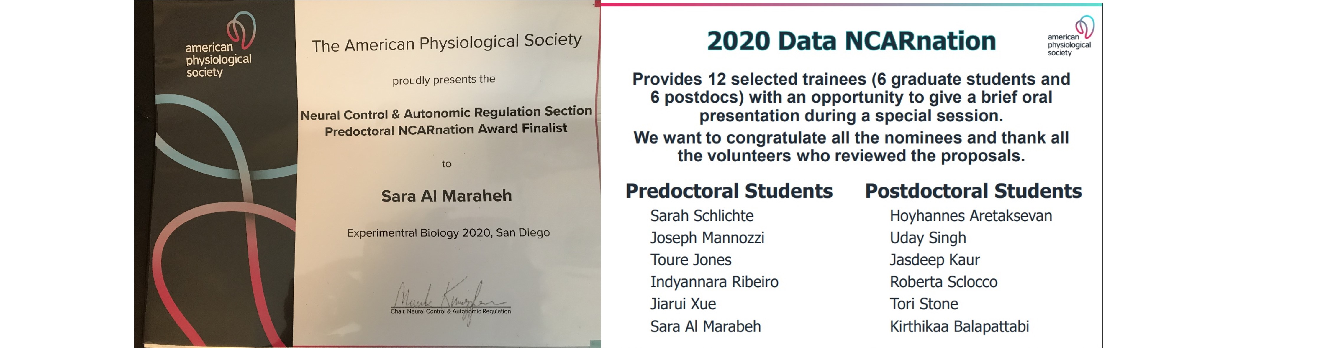 Congratulations to Sara AlMarabeh who was shortlisted for the American Physiological Society's Predoctoral NCARnation Award.
