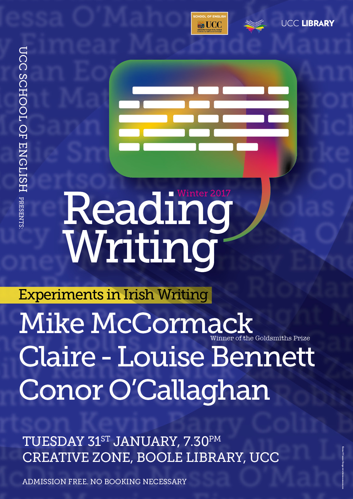 Join us for the second event of UCC’s School of English reading series which will feature three of Ireland’s most experimental writers. 