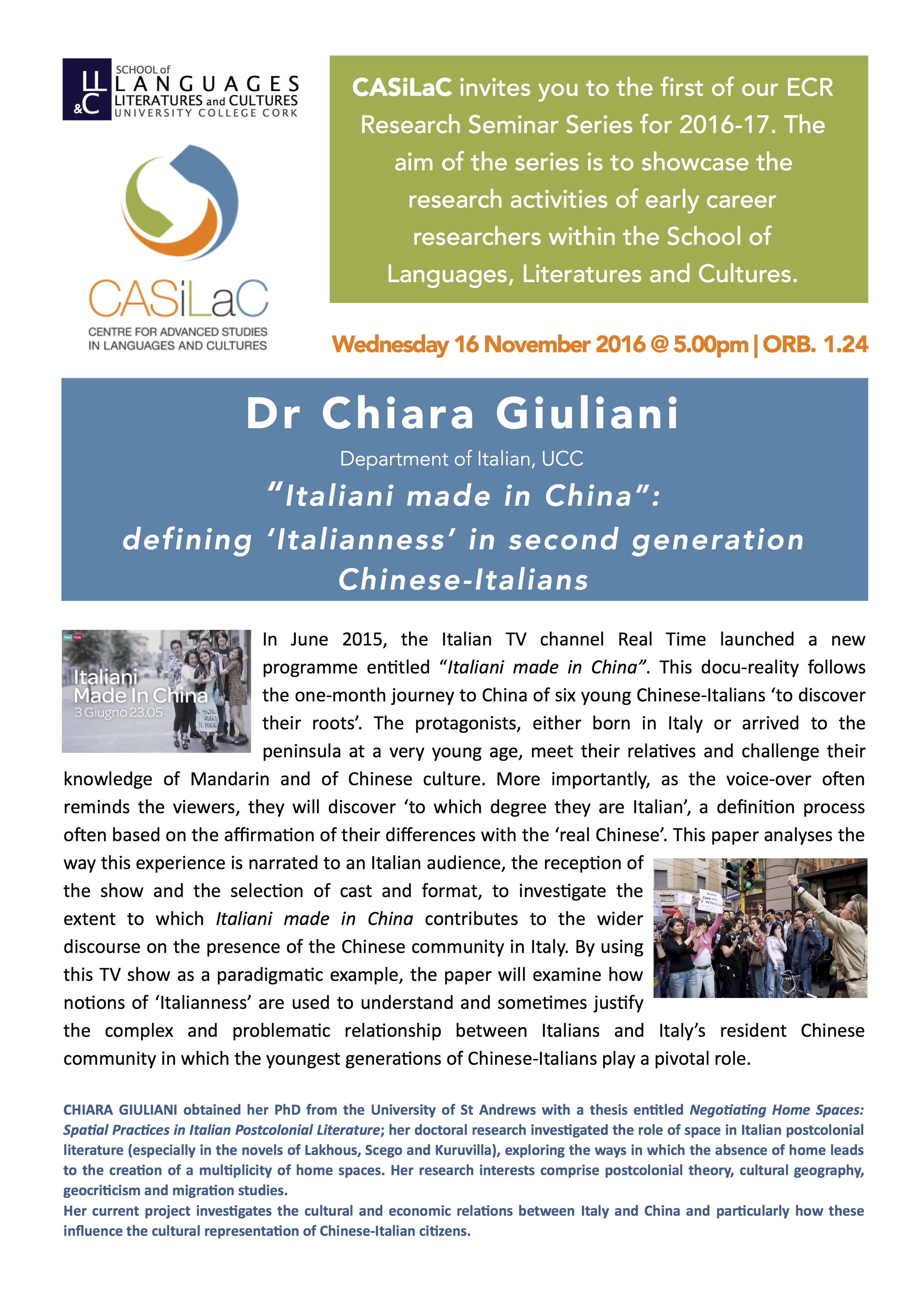 “Italiani made in China”: Defining ‘Italianness’ in second generation Chinese-Italians. by Dr CHIARA GIULIANI 

