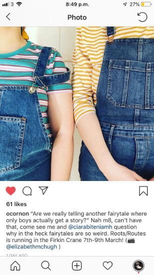Instagram image of two women standing side by side in denim dungarees
