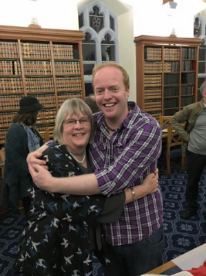 Mary O'Driscoll at her retirement party with Stephen Dee, a past student of Folklore who has worked with the Project for the last three years.
