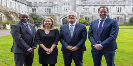 Pictured (l-r): Professor Femi Amao, Professor of Company Law & Sustainability/ERI at UCC; Professor Thia Hennessy, Head of College of Business and Law, UCC; Professor John O'Halloran, President, UCC; Éamon Ó Cuív, Partner, McCann FitzGerald LLP. Photo by Max Bell.