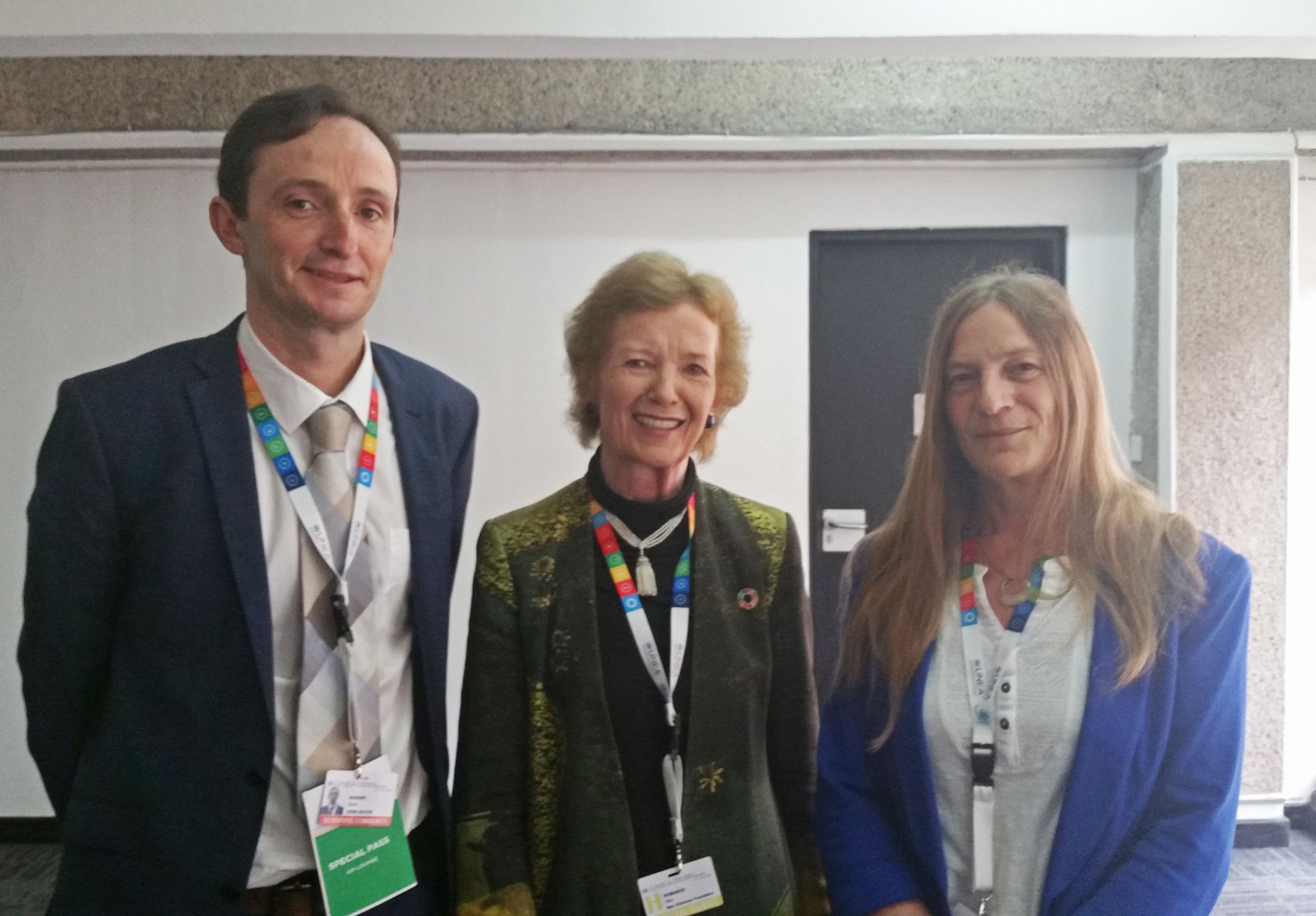 Stuart Warner and Dr. Debbie Chapman with Mary Robinson at UNEA 2016