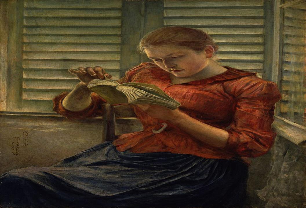 Painting of a woman in a red blouse reading a book