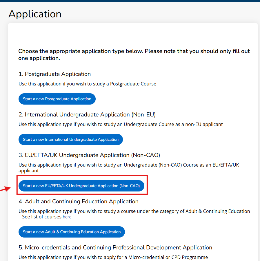 UCC Apply homepage screenshot with a list of application types. UCC Apply homepage screenshot with a list of application types.
