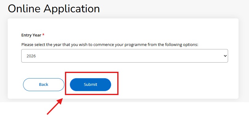 UCC Apply homepage screenshot showing year of entry and UCC Apply homepage screenshot showing year of entry and
