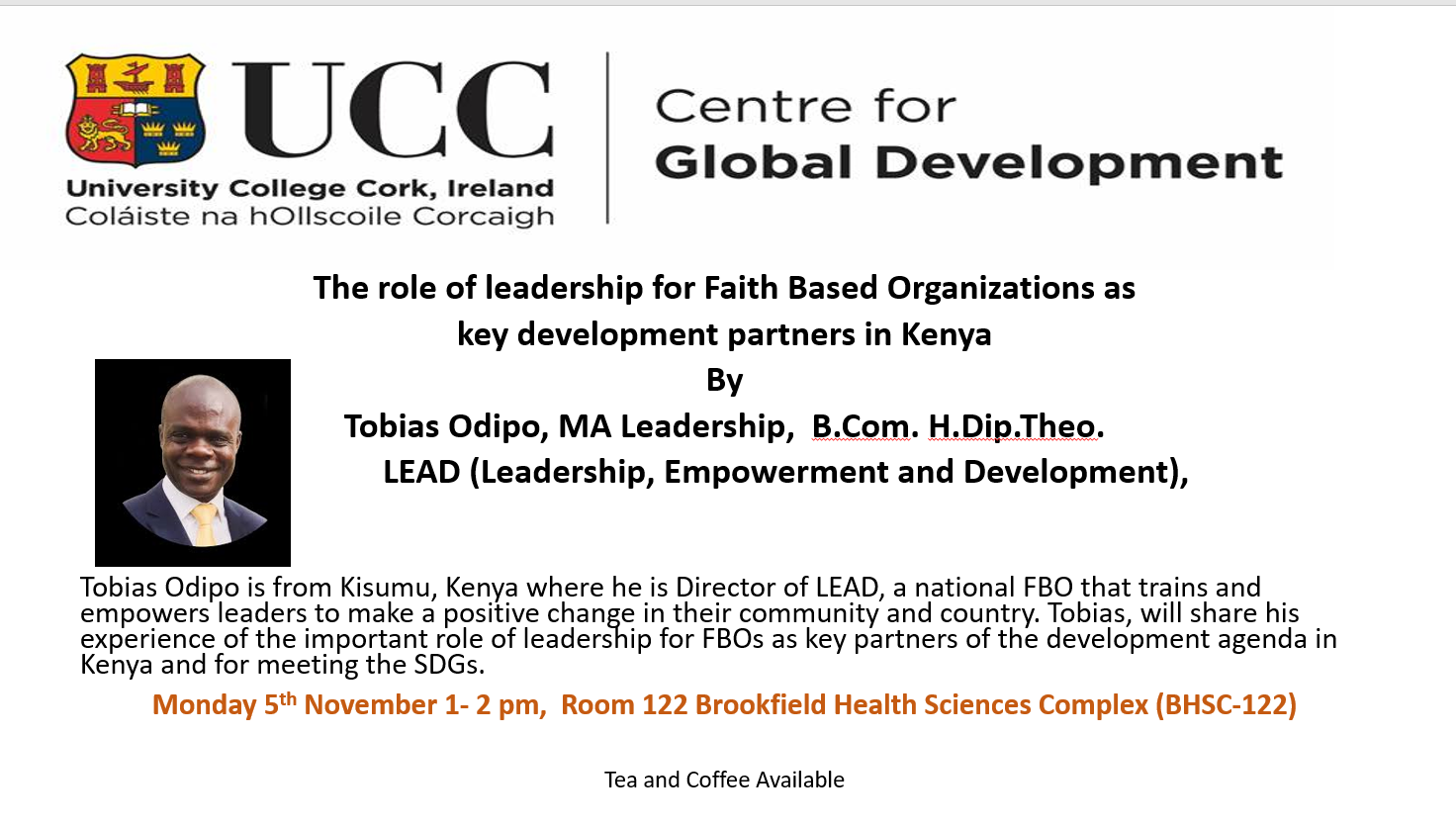 UCC Centre for Global Development - November 5th - Seminar on Leadership 