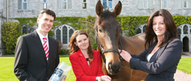 Keen horsewoman and marine biologist, Sarah O’Sullivan  (centre) with Dr Rónán Ó Dubhghaill, Director of Strategic Planning, UCC (left) and Ms Anne O’Leary, IGNITE Advisory Board (right) with the horse Cody. (This is not the first horse to grace UCC’s Quad. The horses of previous Presidents were stabled on campus.  The converted stables still exist as does the large stone for mounting the horses.)