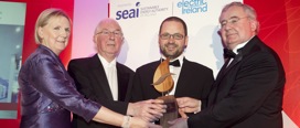 Pictured at the SEAI National Awards 2012 are L-R: Brid Horan, Executive Director, Electric Ireland; Brendan Halligan, Chairman, Sustainable Energy Authority of Ireland, Pat Mehigan, Tyndall National Institute, winners of the Outstanding Leadership in Energy Management Award and Pat Rabbitte TD, Minister for Communications, Energy and Natural Resources (Photo Shane O’Neill/Fennell Photography 2012)