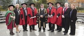 Pictured L-R: Dr. Eleanor Doyle, DBA Programme Director, School of Economics, UCC; Mary Maguire, School Manager, School of Economics, UCC; Dr. Owen O’ Brien, Entrepreneur-in-Residence, School of Economics, UCC; Dr. Brian O’ Mahony, Manager, Eli Lilly, Cork; President Michael Murphy, UCC; Dr. Philip Hennessy, Lecturer, Limerick Institute of Technology, Wexford; Dr. Ruairi Sexton, Deutsche Bank, VP Latin America, New York, USA; Professor Connell Fanning, Head, School of Economics, UCC; Erica Murphy, DBA Administrator, School of Economics, UCC. (Image by Tomás Tyner) 