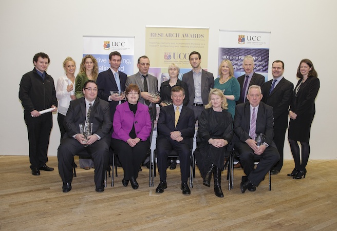 Photographed were: Back row: Mr Eoin O’Muimhneacháin (Chemistry), Ms Kerrill Costello (Hispanic Studies), Dr Cara Nine (Philosophy), Dr Marcus Claesson (Microbiology), Professor Graham Allen (English), Dr Anne Moore (Pharmacy), Dr Conor O’Mahony (Tyndall National Institute), Ms Mary-Claire O’Regan (Tyndall National Institute), Dr David O’Connell (OVPRI), Mr Shane McCarthy (Law), Dr Siobhán Cusack (OVPRI). Front row: Professor John Cryan (Anatomy & Neuroscience), Professor Anita Maguire (Vice President for Research and Innovation), Dr Michael Murphy (President, UCC), Ms Julie O’Neill (Gilead Sciences, Ireland), Professor Geoffrey Roberts (History). Photo by Tomas Tyner, UCC.