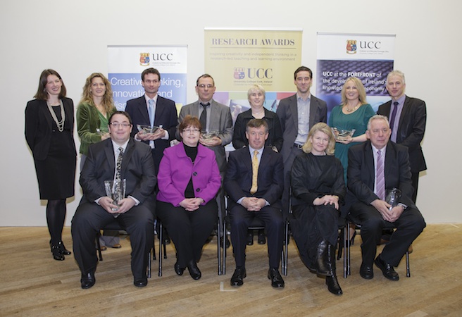 Photographed were: Back row: Dr Siobhán Cusack (OVPRI), Dr Cara Nine (Philosophy), Dr Marcus Claesson (Microbiology), Professor Graham Allen (English), Dr Anne Moore (Pharmacy), Dr Conor O’Mahony (Tyndall National Institute), Ms Mary-Claire O’Regan (Tyndall National Institute), Dr David O’Connell (OVPRI). Front row: Professor John Cryan (Anatomy & Neuroscience), Professor Anita Maguire (Vice President for Research and Innovation), Dr Michael Murphy (President, UCC), Ms Julie O’Neill (Gilead Sciences, Ireland), Professor Geoffrey Roberts (History). Photo by Tomas Tyner, UCC.