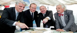 From L-R: Professor Patrick Fitzpatrick, Head of the College of Science, Engineering and Food Science (SEFS) at UCC, Simon Coveney TD, Minister for Agriculture, Food and the Marine, Pat Rabbitte TD, Minister for Communications, Energy and Natural Resources and Professor Tony Lewis, Director of Beaufort Research at UCC, at the launch of the  Beaufort Research Laboratory which took place  aboard the Irish Naval Vessel L.É. Róisín.