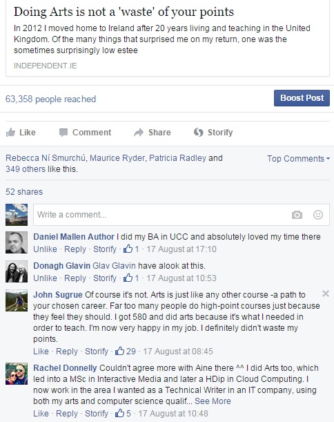 UCC Facebook response to Claire Connolly Arts article on if studying it is a waste of time (via Irish Independent).