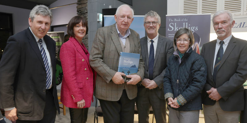 Pictured at the launch were Dr John Crowley, Catherine Evans, Dr Brian McCarthy, Professor John O'Halloran, President of UCC, Valerie O'Sullivan and Dr John Sheehan. Dr McCarthy is holding a copy of The Book of the Skelligs.