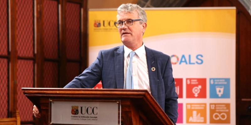 UCC President Prof John O'Halloran speaking at a podium