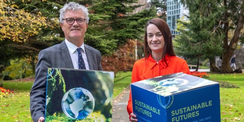 University College Cork President Prof John O’Halloran and UCC Senior Lecturer in Future Sustainability Dr Marguerite Nyhan at the launch of the Sustainable Futures Forum, a major new climate conference at UCC which commences on the eve of the COP28 global climate negotiations. Former President of Ireland and United Nations High Commissioner for Human Rights Mary Robinson will be the keynote guest. Picture: Max Bell/UCC TV.