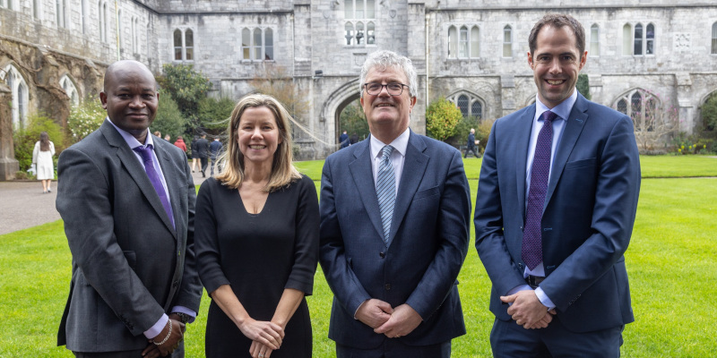 Announcing the introduction of a new sustainability focused curriculum for students at UCC’s School of Law are Prof Femi Amao, Professor of Company Law & Sustainability at UCC; Professor Thia Hennessy, Head of College of Business and Law, UCC; Professor John O'Halloran, President, UCC; Alan Deasy, Head of Development, UCC. Éamon Ó Cuív, Partner at McCann FitzGerald LLP; Photo by Max Bell.