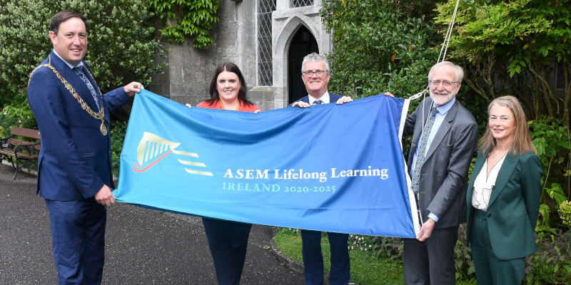 Pictured at the launch of Global Lifelong Learning Week 2024 which features the ASEM LLL Hub Conference and the 54th eucen Conference are: from left, Cllr Kieran McCarthy, Lord Mayor of Cork, Lyndsey El Amoud, Deputy Director ACE at UCC, Prof. John O'Halloran, President of UCC, Dr Seamus O Tuama, Director, ACE at UCC, Chair, ASEM LLL Hub and Catherine McManus, Department of Foreign Affairs and Trade, Ireland. 
Picture: David Keane.