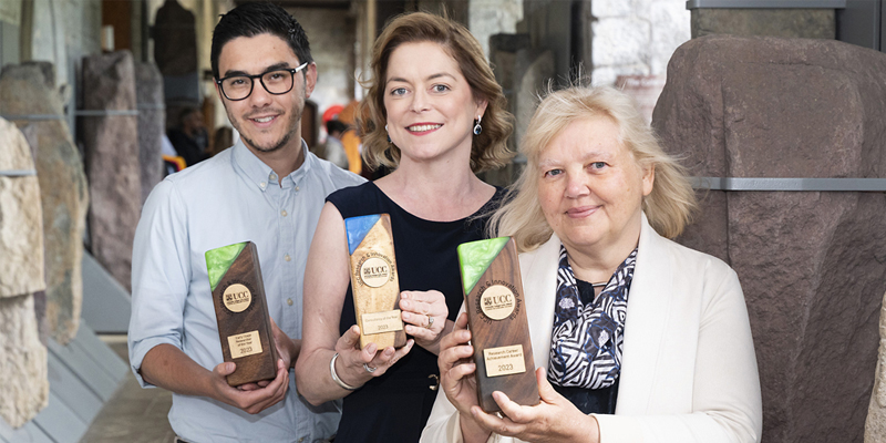 Photo (L-R): Research & Innovation Awards 2023 winners Dr Aaron Lim, Professor Louise Crowley, and Professor Elke Arendt. Photo credit: Ger McCarthy Photography.