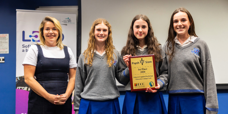 Loreto Secondary School Kilkenny students, pictured with Dr Olivia O’Leary, Lecturer in UCC School of Applied Psychology, who took home the top prize for their research project exploring 'How Do We Fight Misinformation?'. 