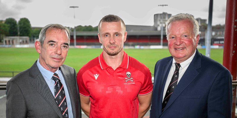 Pictured at the launch of UCC Soccer's participation in the new FAI National League are Brian Lennox, Chairman of UCC Soccer, Dave Moore Head Coach UCC Men's Team, and John MacCarthy, President of UCC Soccer. Photo by Doug Minihane.