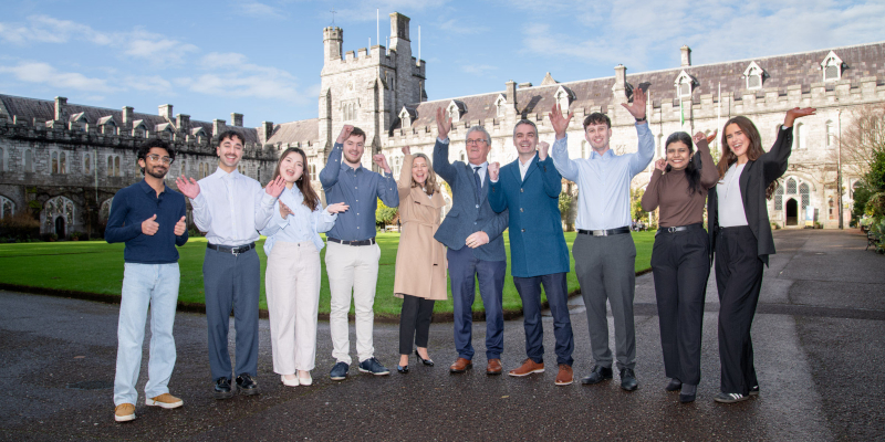 Celebrating CUBS' EQUIS accreditation are students Harigovind Babu Raj Remya, Arbaz Khan, Yunuo Wang, Aaron O'Donovan, Professor Thia Hennessy, Head of the College of Business and Law at UCC, Professor John O'Halloran, President of UCC, Professor Anthony McDonnell, Dean, CUBS, Dylan Caraher, Najma Taj, Caoimhe Leonard.