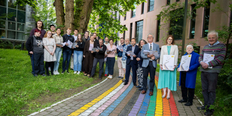 Professor John O’Halloran MRIA, President of UCC, pictured with guests, speakers, LGBT+ Action Plan Working Group Co-Chairs and UCCSU representatives at UCC's Rainbow Walkway, marking the launch of UCC's Together with Pride: LGBT+ Action Plan 2026–2028. Image: Clare Keogh.