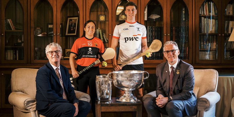 Professor John O’Halloran, President of University College Cork; Amy O'Connor, Cork senior camogie team player and UCC alumnus; Ben Cunningham, Cork senior hurling team player and UCC student and Jarlath Burns, Uachtarán Chumann Lúthchleas Gael at the announcement of a new partnership between UCC and the GAA to publish Atlas of the GAA in the award-winning Atlas Series from Cork University Press.  Photo: Marcin Lewandowski 
