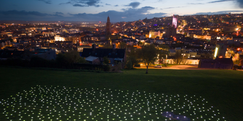 The outdoor artwork 'Here the Queer Appear' is made of 843 flashing beacon lights, each one representing a member of the LGBTQI+ community in the Cork region who signed up to be part of this constellation. Image: Darragh Kane