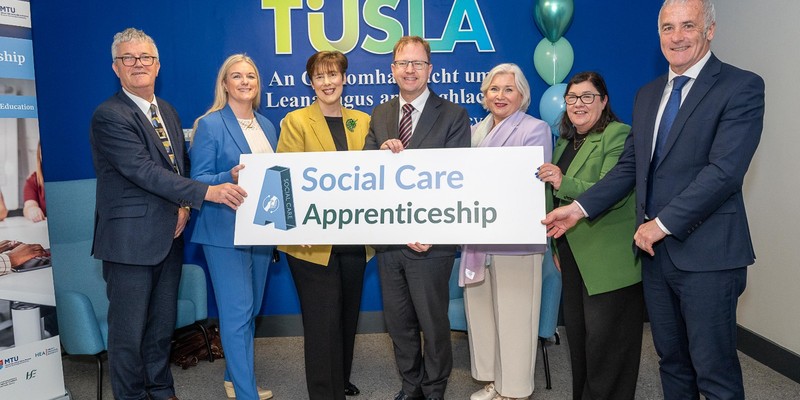 Professor John O'Halloran, UCC President; Rosarii Mannion, Director of People & Change, Tusla; Minister for Children, Disability and Equality, Norma Foley; Minister for Further and Higher Education, Research, Innovation and Science, James Lawless; Deborah Smullen, National Development Lead for Apprenticeships, HSE; Professor Christine Cross, Registrar, MTU and Oberstown Director, Damien Hernon at the launch of the Social Care Apprenticeship in Tusla offices, Glanmire, Cork.
Picture. Maxwells

