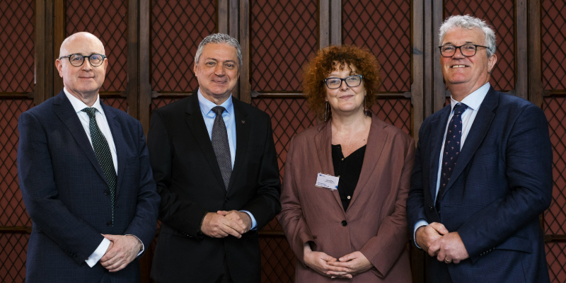 Pictured left to right: Professor Paul McSweeney, UCC Vice-President for Learning and Teaching; Christos Ellinides, Director-General and Chairman of the EMT Board, Directorate-General for Translation (DGT), European Commission (EC); Professor Helena Buffery, Head of UCC School of Languages, Literatures and Cultures; and Professor John O'Halloran MRIA, President of UCC. Image: Marcin Lewandowski.