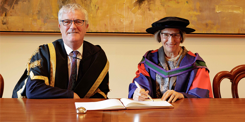 Photo: Professor John O’Halloran MRIA, President of UCC and Kate Jarvey, Honorary Doctorate of Laws awardee. Image credit: Bríd O'Donovan, UCC.