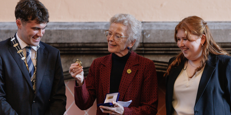 Former President of Ireland Mary Robinson receives the inaugural Seán MacBride Award from UCC Philosophical Society, pictured with Paul Scanlan and Ciara Graham. Image: Brid 