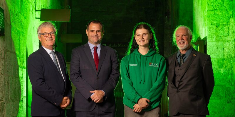 Professor John O’Halloran, President of University College Cork; Minister of State for International Development and Diaspora, Neale Richmond TD; Beth Moore, UCC Students’ Union Environmental and Sustainability Representative; and Dr John Barimo, Manager of the Sustainable Development Solutions Network Ireland (SDSN) at the major EU Presidency associated event discussing climate change, migration and the Sustainable Development Goals at University College Cork. Photo: Cathal Noonan.