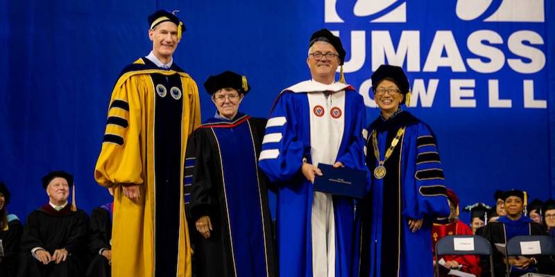 UMass Lowell Provost Joseph Hartman, UMass Lowell Vice Chancellor for Research and Innovation Anne Maglia, President John O’Halloran and UMass Lowell Chancellor Julie Chen. (Henry Marte/UMass Lowell)
