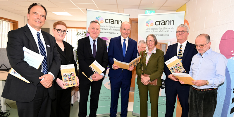 Dr Andy Phillips, REO HSE Southwest; Dr Alice Moore, Crann Research & Impact Lead; Padraig Mallon, Chief Executive, Crann Centre; An Taoiseach Micheál Martin; Kate Jarvey, Founder & Board Chair, Crann Centre; Professor John O'Halloran, UCC President; Ronan Palmer, Chair of Crann Centre Research Advisory Group and family client of Crann at the launch of the Crann Centre Research Strategy in partnership with UCC. Image credit: Eddie O'Hare