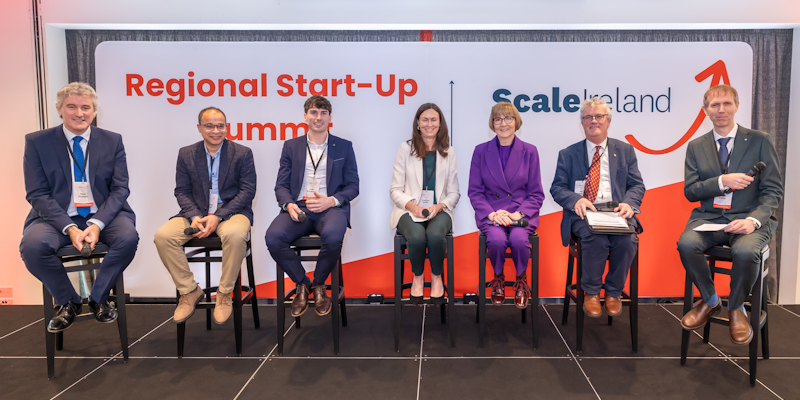 Members of the panel on Supporting Student Entrepreneurs and Spin-Outs: Peter Finnegan, Tyndall National Institute; Dr Waleed Faisal, ArrayPatch; Colm McSweeney, Ailtire Technologies; Dr Siobhan Roche, Research Ireland; Professor Maggie Cusack, President MTU; and Professor John O'Halloran, President UCC, with panel Chair Professor John Breslin, University of Galway.
